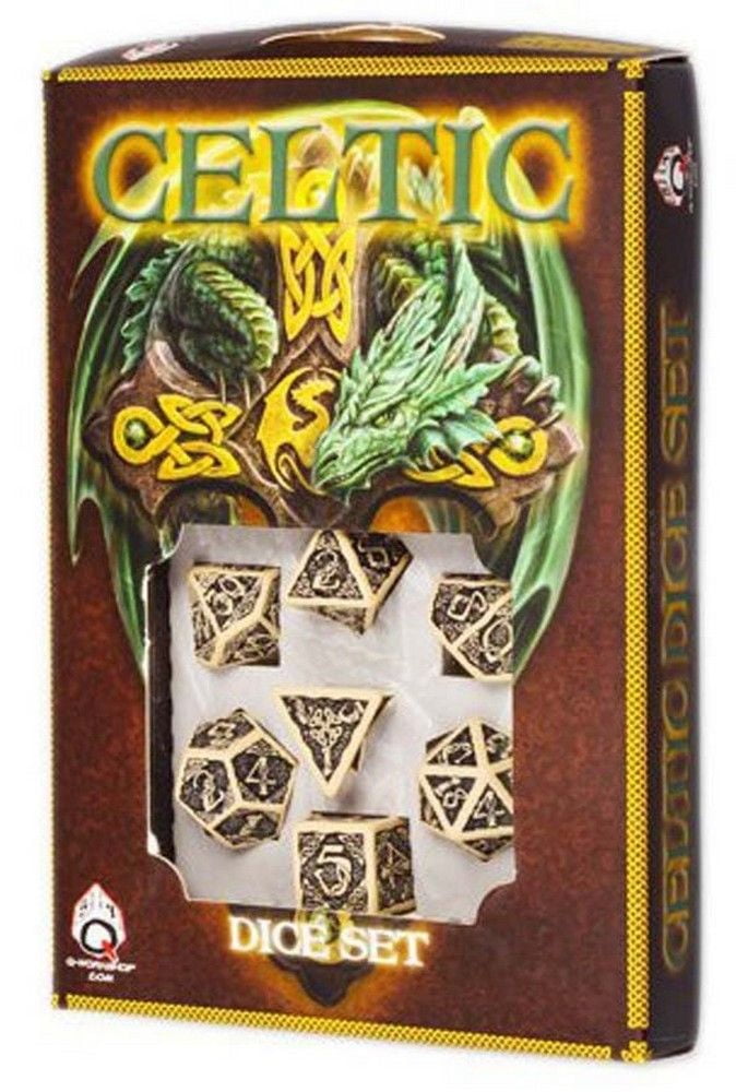 Beige & Black Celtic 3D Revised Dice Set (7) Box