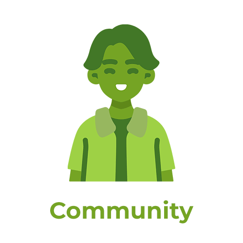 Smiling green person with the text ‘Community’ under it