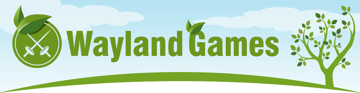 Wayland Games’ logo in green with a sky background and a green tree with different leaves on it